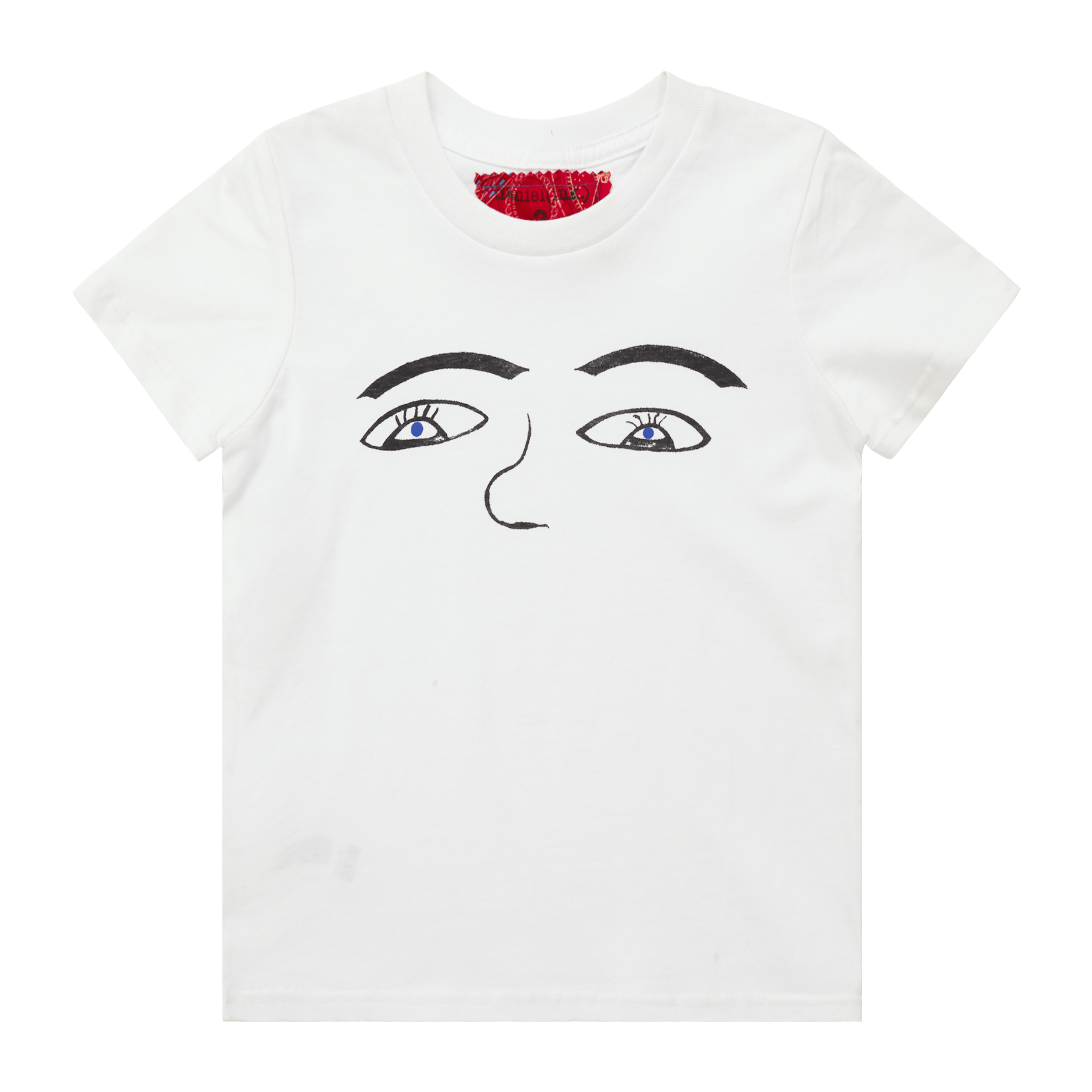 White kids' t-shirt featuring a hand drawn sketch of the features of a face in black. The design has eyebrows, blue eyes, and a nose. This t-shirt has a red fabric label on the back of the neck. 