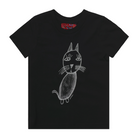 Black kids' t-shirt featuring a hand drawn sketch of a cat in white. This t-shirt has a red fabric label on the back of the neck.