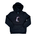 Navy kids' hoodie featuring an embroidered image of a purple dragon. The hoodie features a pullover hood, inset sleeves, and a kangaroo pocket. The name daniel(ink.) is embroidered in silver thread under the dragon. 