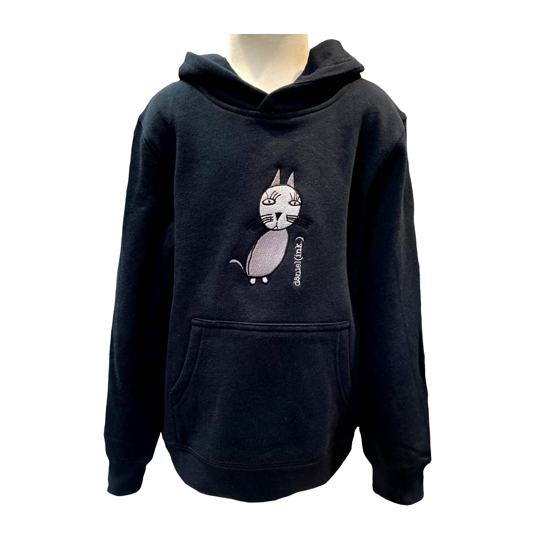 Navy kids' hoodie featuring an embroidered image of a cat in silver. The hoodie features a pullover hood, inset sleeves, and a kangaroo pocket. The name daniel(ink.) is embroidered in silver thread next to the cat. 