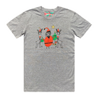 Men's grey t-shirt featuring a hand drawn sketch of Santa Claus standing with two reindeer in front of a Christmas tree. Santa Claus is wearing his signature red outfit and the two reindeer either side of him are in red pointy Santa hats. This t-shirt has a red, white, and blue fabric label on the back of the neck.