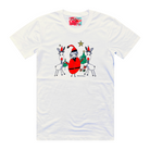 Men's white t-shirt featuring a hand drawn sketch of Santa Claus standing with two reindeer in front of a Christmas tree. Santa Claus is wearing his signature red outfit and the two reindeer either side of him are in red pointy Santa hats. This t-shirt has a red, white, and blue fabric label on the back of the neck.