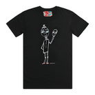 Men's black t-shirt featuring a hand drawn sketch of a happy man holding a sad mask in white. The man has a top hat, blue eyes, and red shoes. This t-shirt has a red, white, and blue fabric label on the back of the neck. 