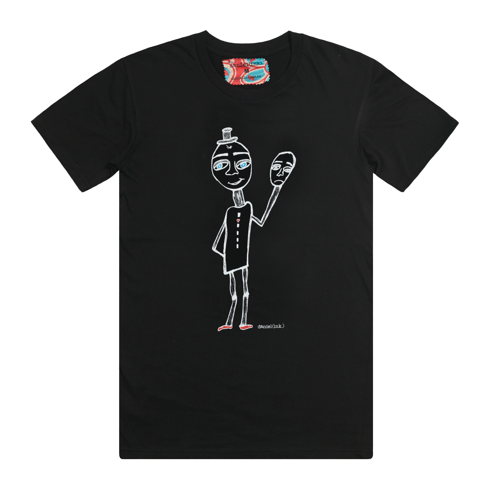 Men's black t-shirt featuring a hand drawn sketch of a happy man holding a sad mask in white. The man has a top hat, blue eyes, and red shoes. This t-shirt has a red, white, and blue fabric label on the back of the neck. 