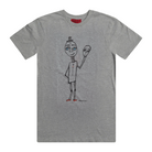 Men's grey t-shirt featuring a hand drawn sketch of a happy man holding a sad mask in black. The man has a top hat, blue eyes, and red shoes. This t-shirt has a red fabric label on the back of the neck. 