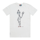 Men's white t-shirt featuring a hand drawn sketch of a happy man holding a sad mask in black. The man has a top hat, blue eyes, and red shoes. This t-shirt has a red, white, and blue fabric label on the back of the neck. 