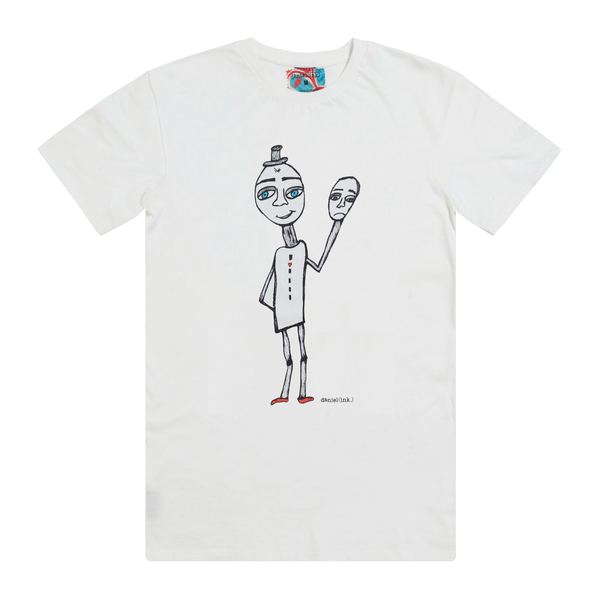 Men's white t-shirt featuring a hand drawn sketch of a happy man holding a sad mask in black. The man has a top hat, blue eyes, and red shoes. This t-shirt has a red, white, and blue fabric label on the back of the neck. 