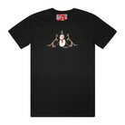 Men's black t-shirt featuring a hand drawn image of a happy snowman standing in front of two kangaroos. The snowman is wearing an orange scarf and black top hat. This t-shirt has a red, white, and blue fabric label on the back of the neck.
