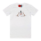 Men's white t-shirt featuring a hand drawn image of a happy snowman standing in front of two kangaroos. The snowman is wearing an orange scarf and black top hat. This t-shirt has a red, white, and blue fabric label on the back of the neck.