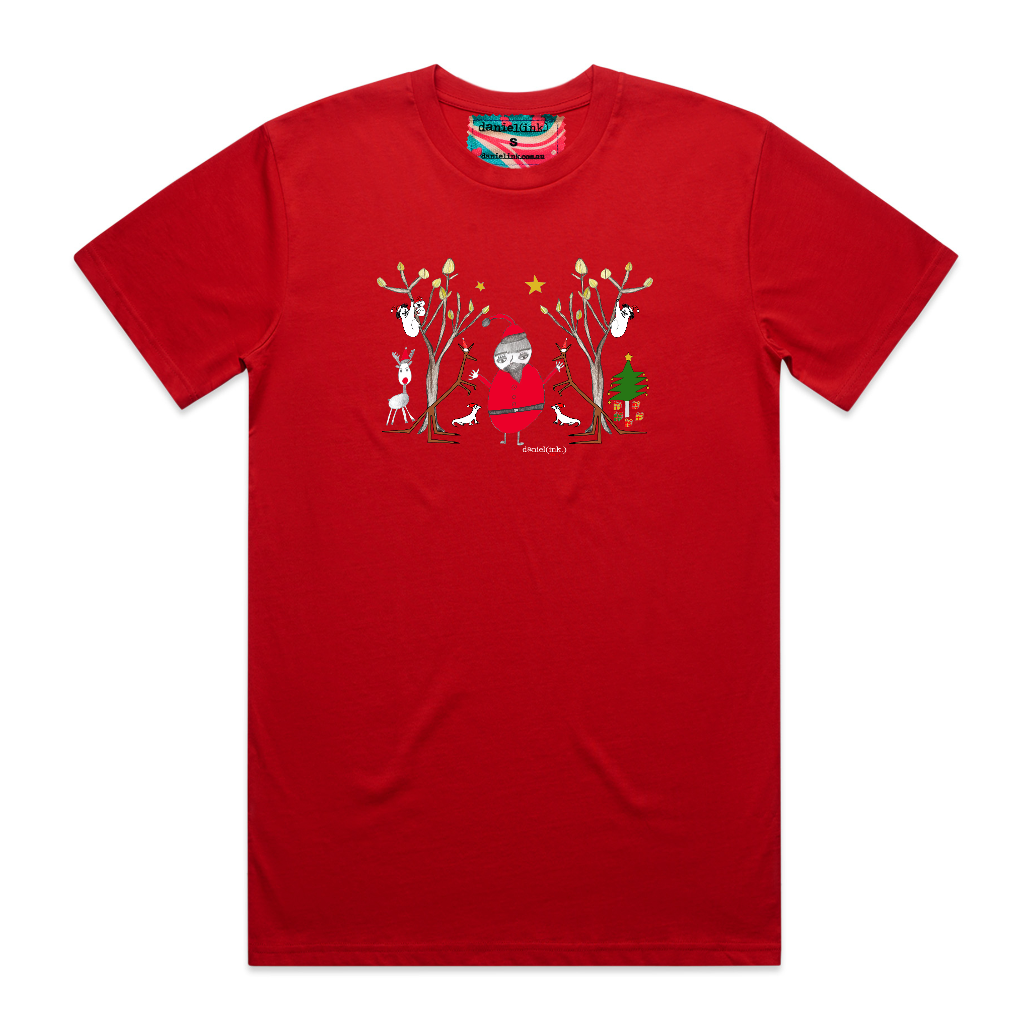 Men's red t-shirt featuring a hand drawn image of Santa Claus standing in between two kangaroos and in front of two large gum trees. The kangaroos are accompanied by two small lizards, one of Santa's reindeer, and a Christmas tree surrounded by presents. The gum trees both have koalas in them. This t-shirt has a red, white, and blue fabric label on the back of the neck.