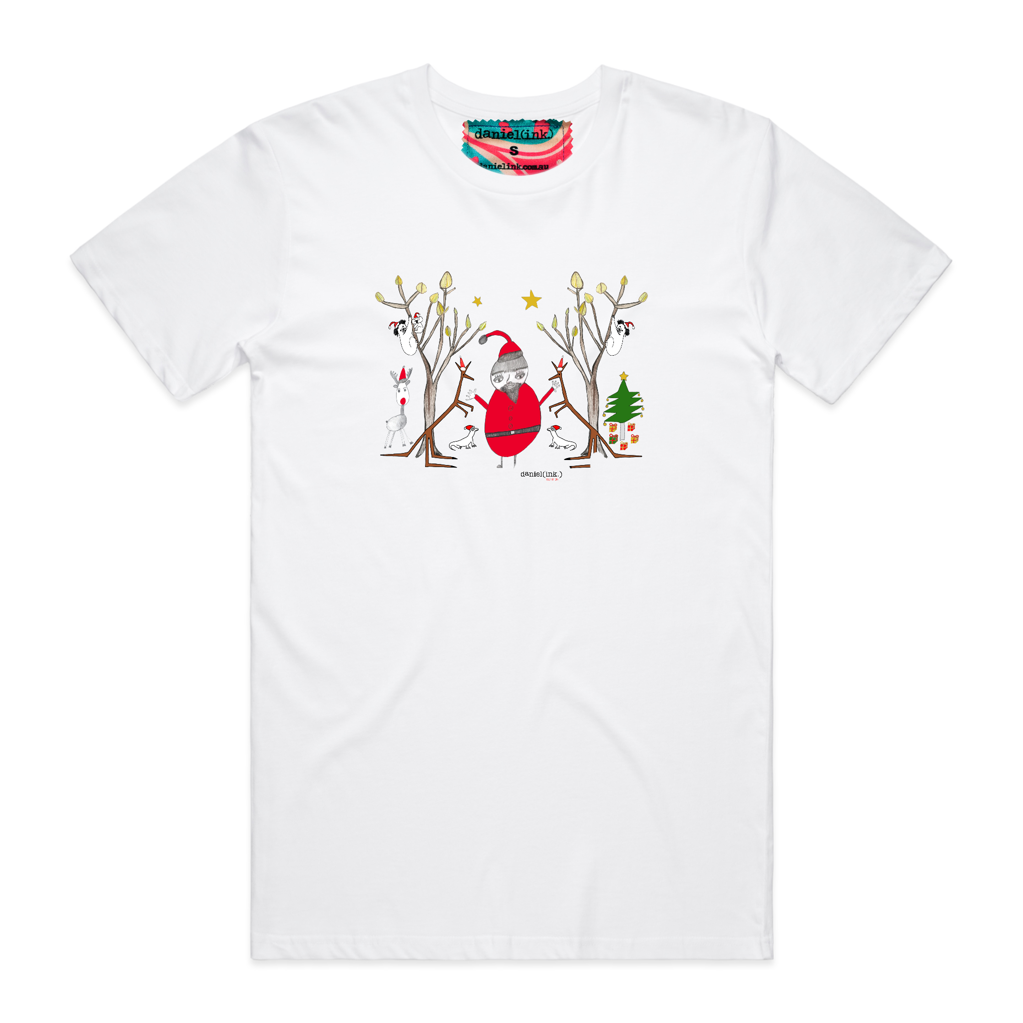 Men's white t-shirt featuring a hand drawn image of Santa Claus standing in between two kangaroos and in front of two large gum trees. The kangaroos are accompanied by two small lizards, one of Santa's reindeer, and a Christmas tree surrounded by presents. The gum trees both have koalas in them. This t-shirt has a red, white, and blue fabric label on the back of the neck.