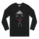 Men's black long sleeve shirt featuring a hand drawn sketch of a person in white. The person is wearing a small top hat and has big red lips in a big smile. This shirt has a red, white, and blue fabric label on the back of the neck.
