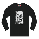 Men's black long sleeve shirt featuring a hand drawn sketch of an abstract face in white. This shirt has a red, white, and blue fabric label on the back of the neck. 