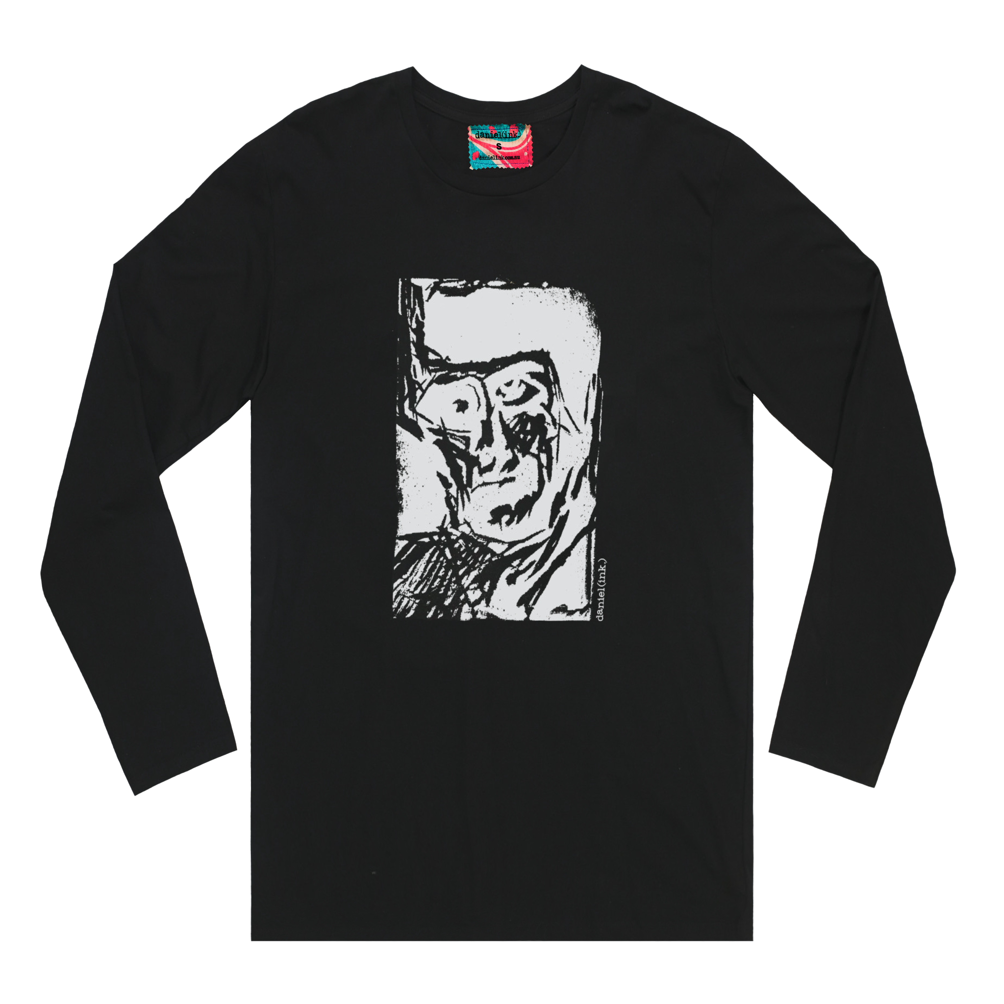 Men's black long sleeve shirt featuring a hand drawn sketch of an abstract face in white. This shirt has a red, white, and blue fabric label on the back of the neck. 