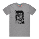 Men's grey t-shirt featuring a hand drawn sketch of an abstract face in black. This t-shirt has a red, white, and blue fabric label on the back of the neck.