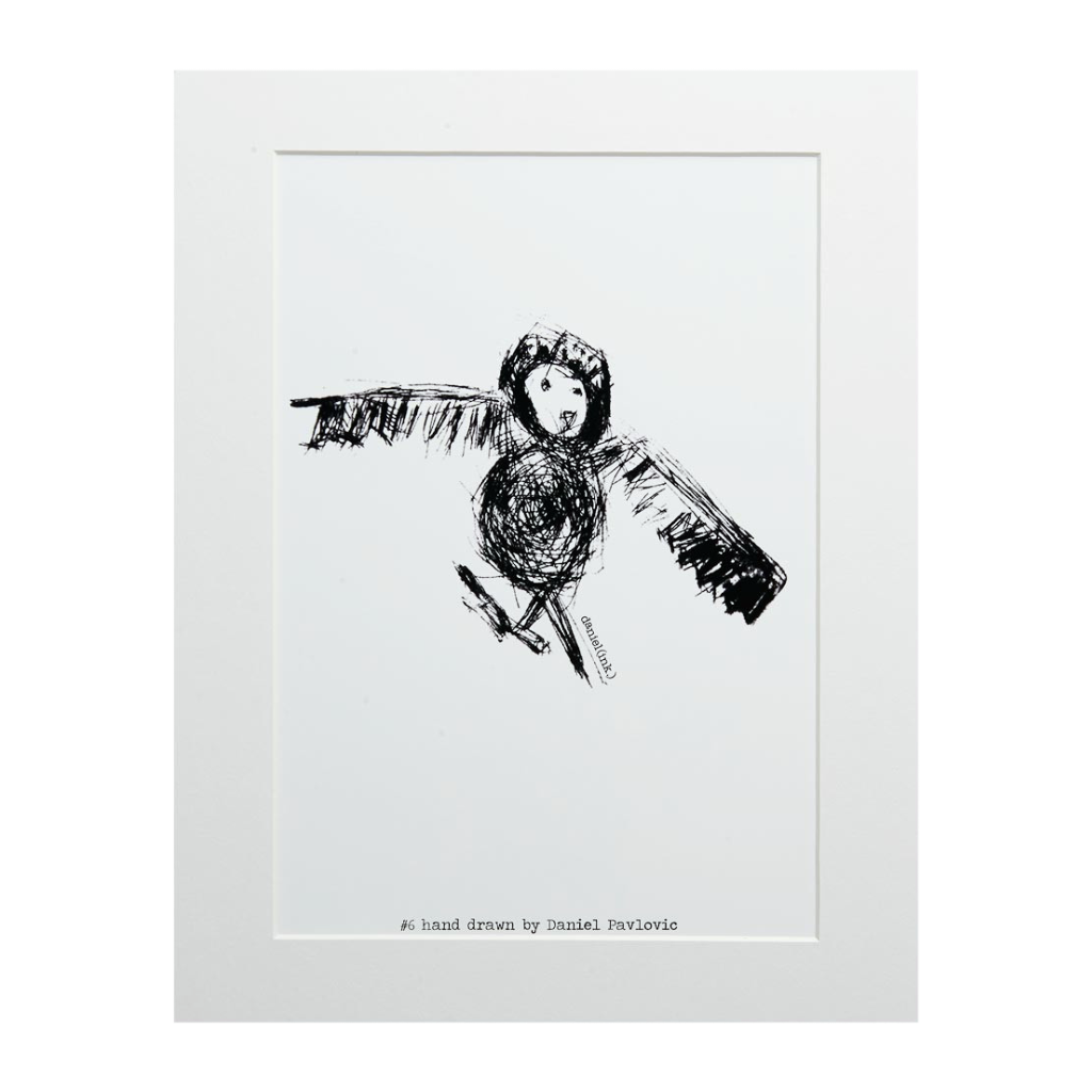 Original print of Design #6 Owl. This design features a hand drawn sketch of an owl in black. It is printed on white backing board and displayed in a white frame. 