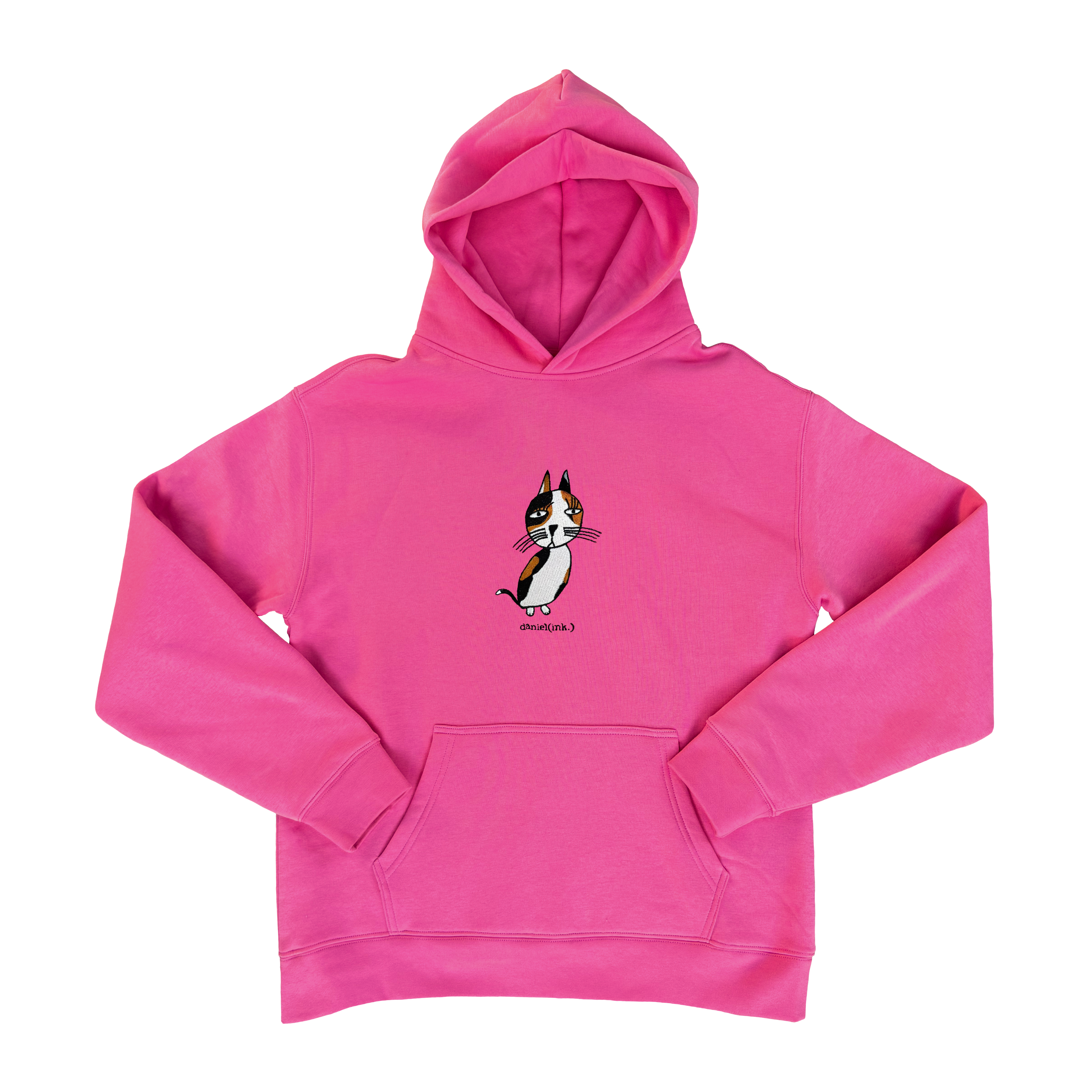 Unisex pink hoodie featuring an embroidered image of a cat in black, orange, and white. The name daniel(ink.) is embroidered in black thread below the cat.