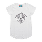 White short sleeve women's t-shirt featuring a hand drawn sketch of a dog’s face in black. The dog has a round head, floppy ears, wide eyes, and its tongue is sticking out. The t-shirt has a red, white, and blue fabric label on the back of the neck.