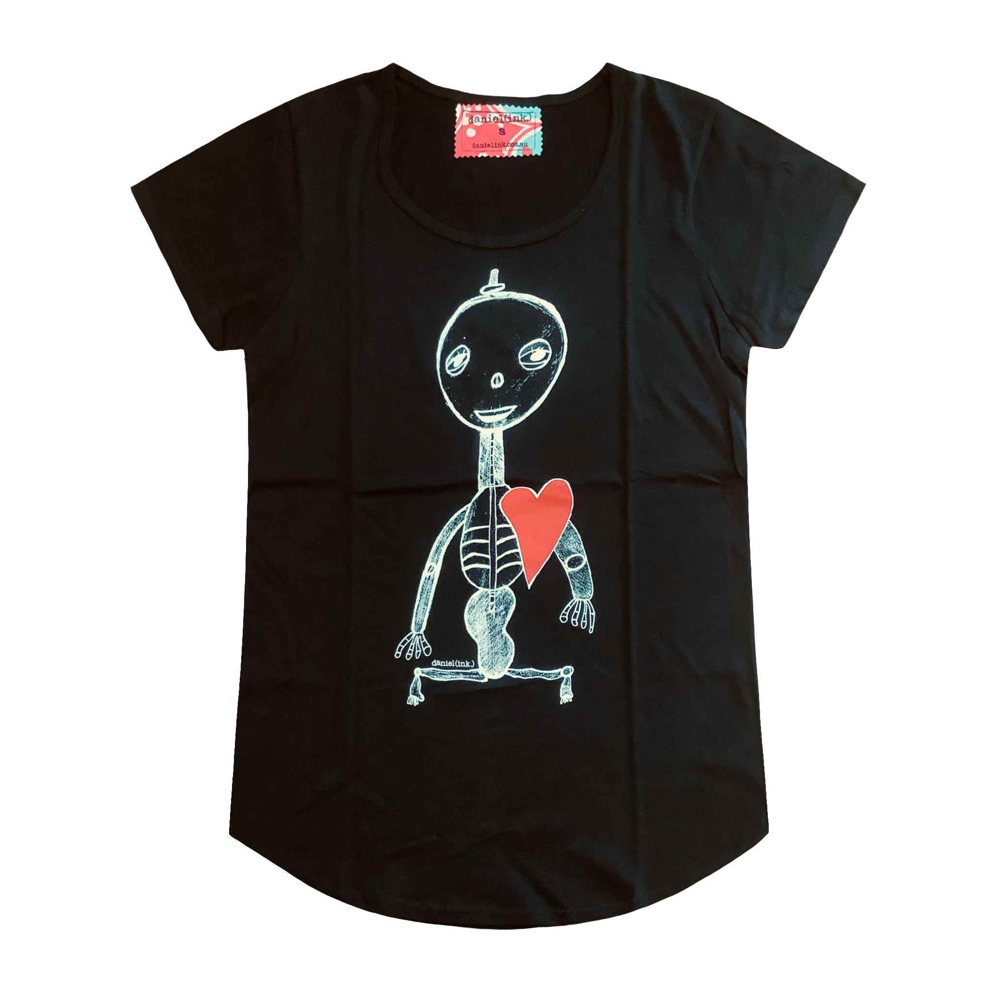 Black short sleeve women's t-shirt featuring a hand drawn sketch of a skeleton with a red heart. The t-shirt has a blue, white, and red fabric label on the back of the neck.
