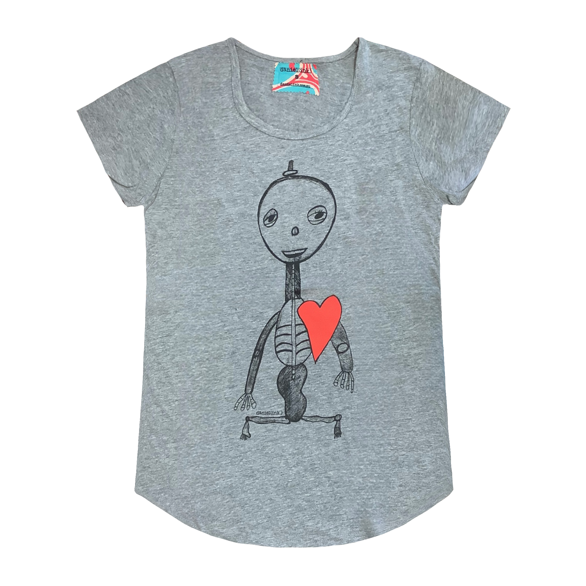 Grey short sleeve women's t-shirt featuring a hand drawn sketch of a skeleton with a red heart. The t-shirt has a blue, white, and red fabric label on the back of the neck.