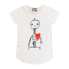 White short sleeve women's t-shirt featuring a hand drawn sketch of a skeleton with a red heart. The t-shirt has a blue, white, and red fabric label on the back of the neck.