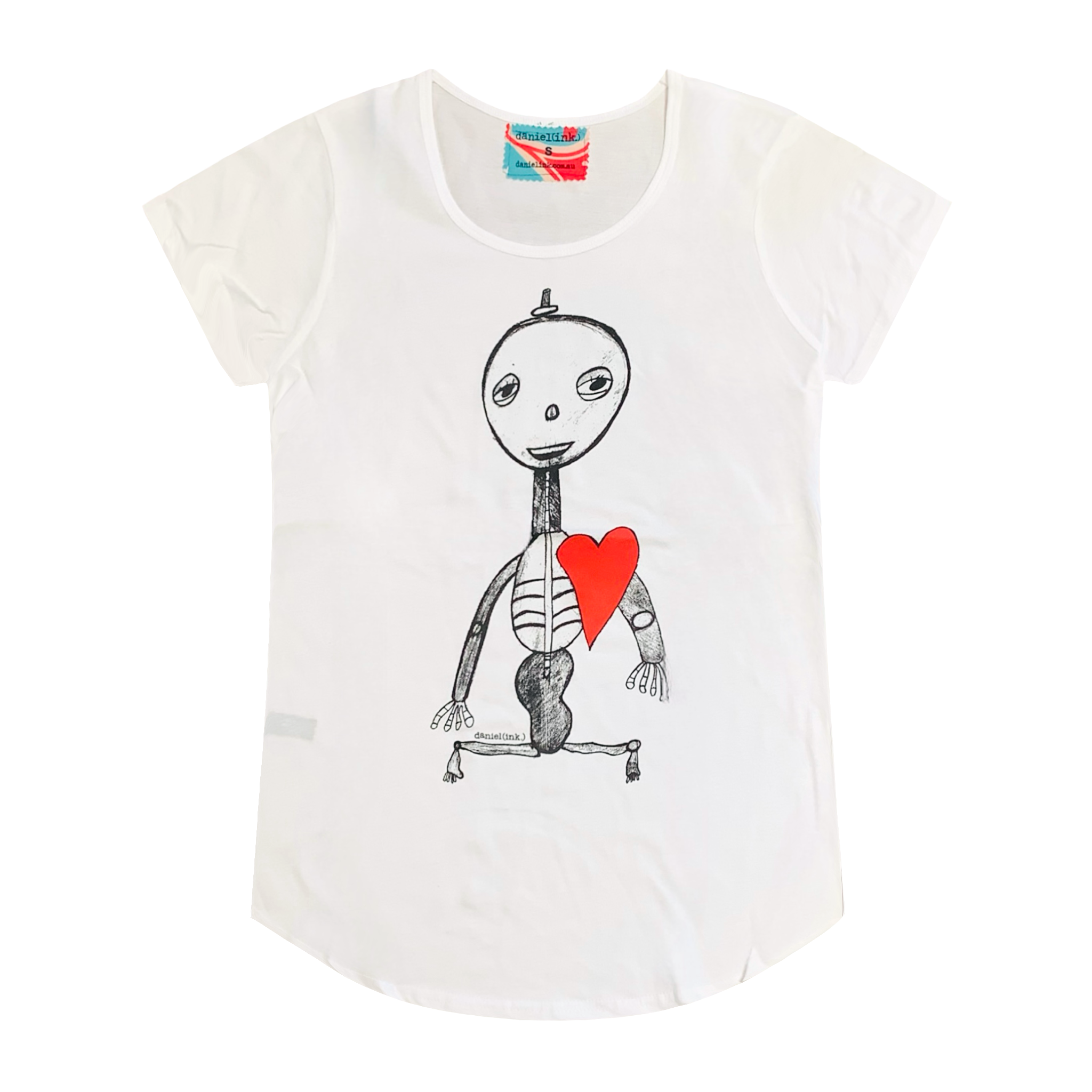 White short sleeve women's t-shirt featuring a hand drawn sketch of a skeleton with a red heart. The t-shirt has a blue, white, and red fabric label on the back of the neck.