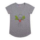 Grey short sleeve women's t-shirt featuring an image of a happy humanoid pot plant. The plant person is smiling and has a red plant pot-shaped torso with long legs and green leaves sprouting from the torso. The t-shirt has a blue, white, and red fabric label on the back of the neck.