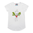 White short sleeve women's t-shirt featuring an image of a happy humanoid pot plant. The plant person is smiling and has a red plant pot-shaped torso with long legs and green leaves sprouting from the torso. The t-shirt has a blue, white, and red fabric label on the back of the neck.